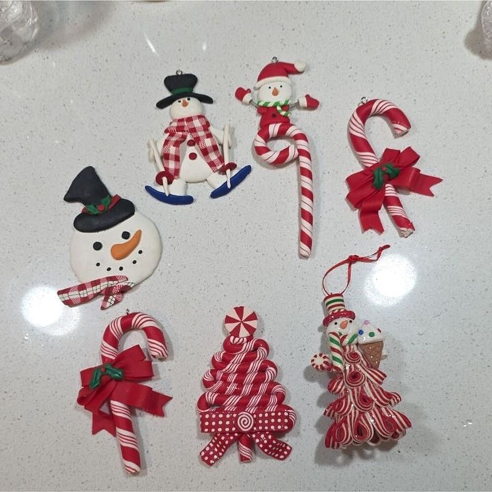 Set of 6 Clay Christmas Hanging Ornaments Snowman Candy Cane Red White Green